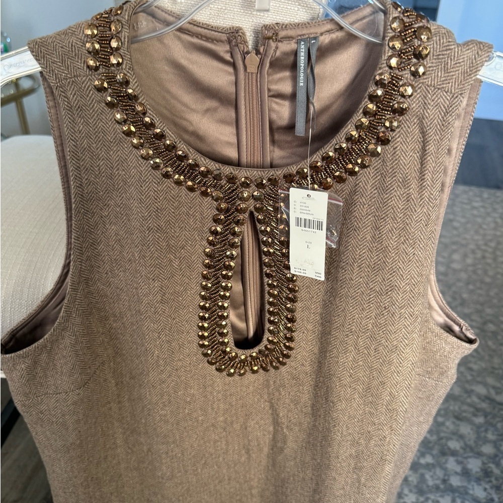 NWT ANTHROPOLOGIE Beaded Keyhole Wool Blend Mini Dress, Brown, Large, $178 MSRP - Picture 5 of 8